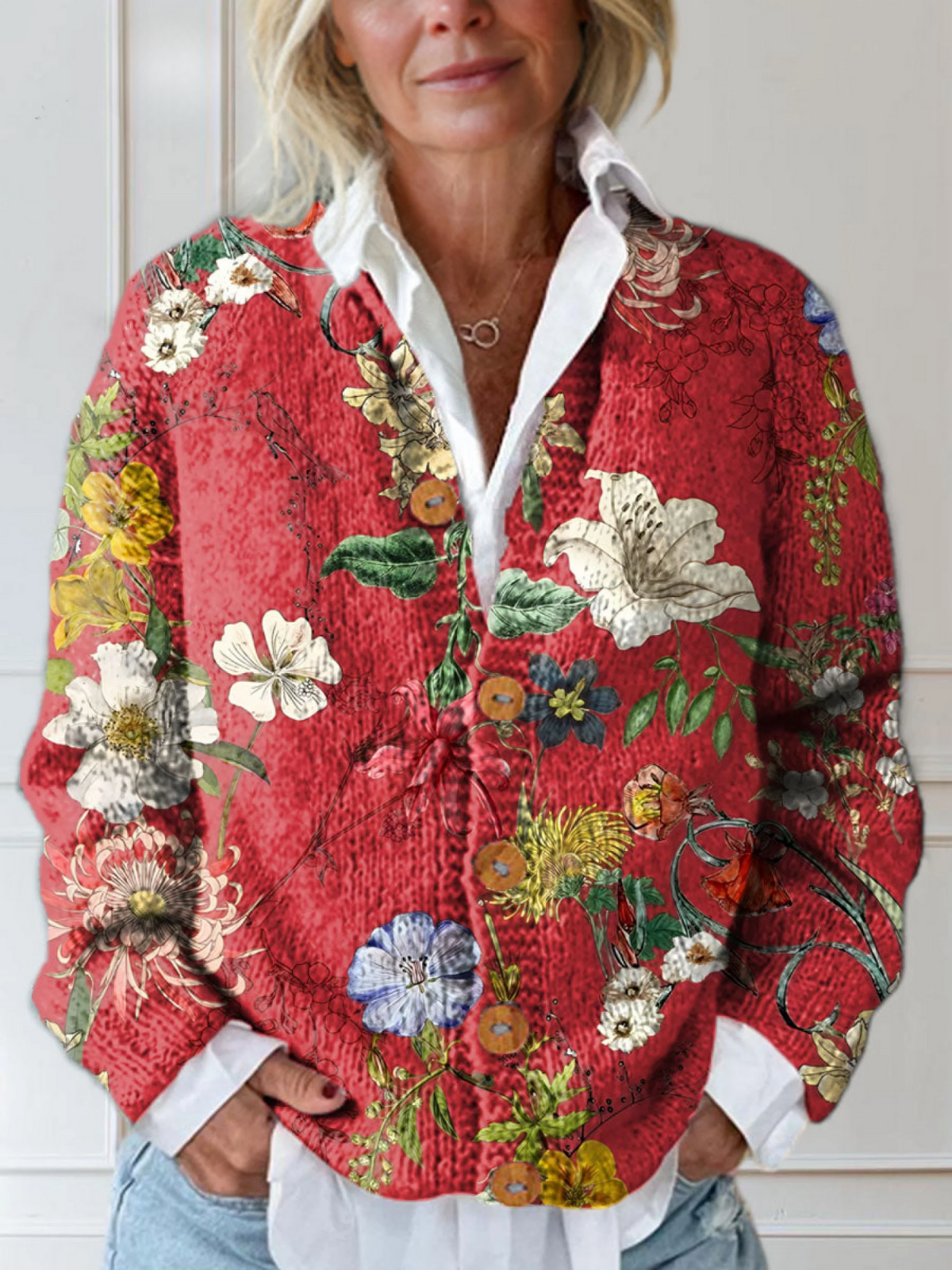 Elegant Dam Vintage med Blommönster Kunsttrykk Knapp-Front Cardigan Trøye