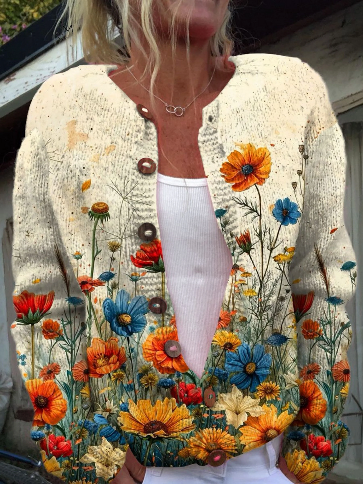 Vintage blomster Mønstret Strikket Kardigan med Knapper – Elegant og Bohemisk Stil for Unike Outfits