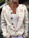 Chic lyserosa blomstermønstret strikket cardigan med elegante knapper