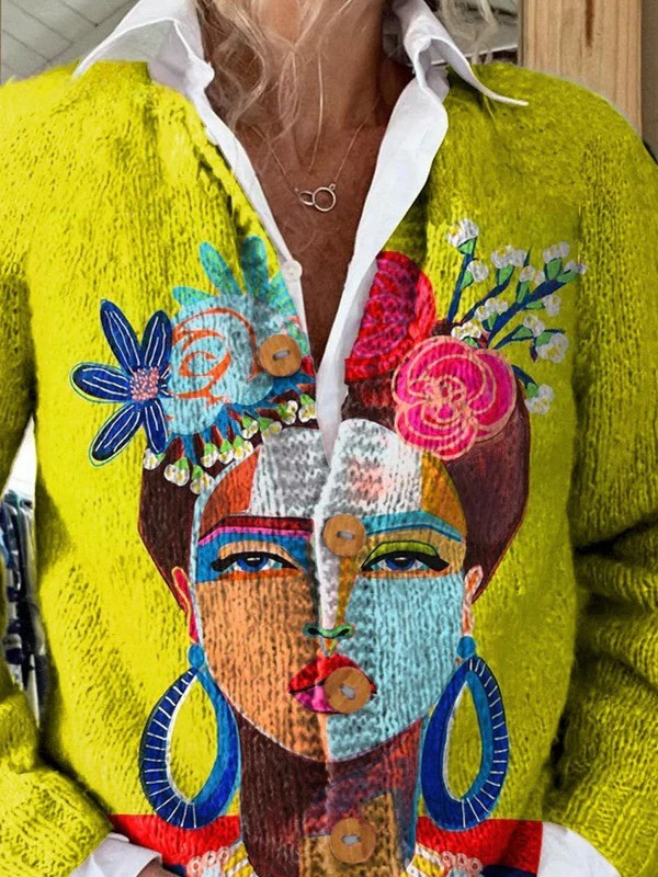 Elegant cardigan-genser med kunstnerisk Freda-porträtt i olje maleri tema