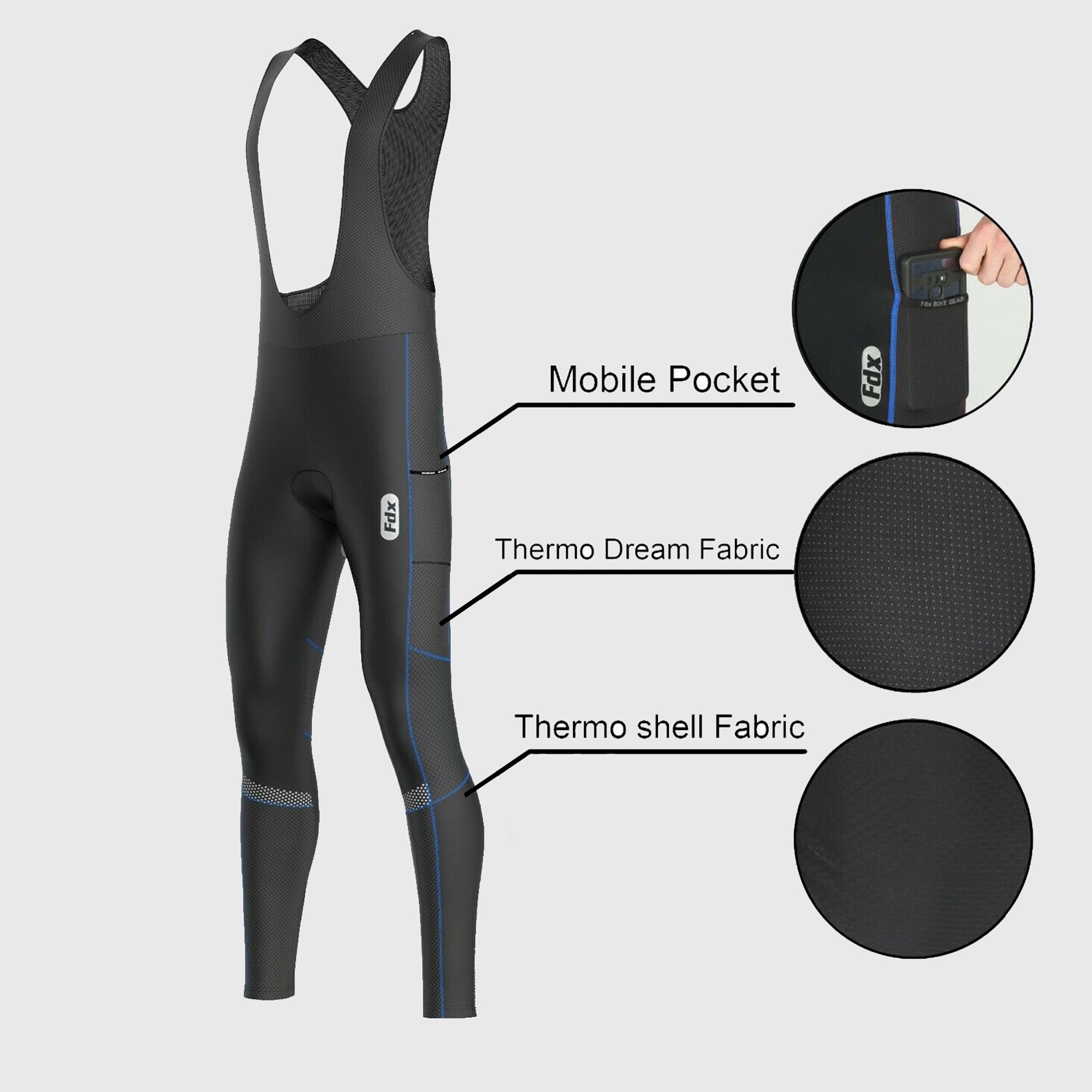 Fdx Herre- og guttete All Day termisk Roubaix langermet sykkeltopp & cargo-bib shorts - Blå